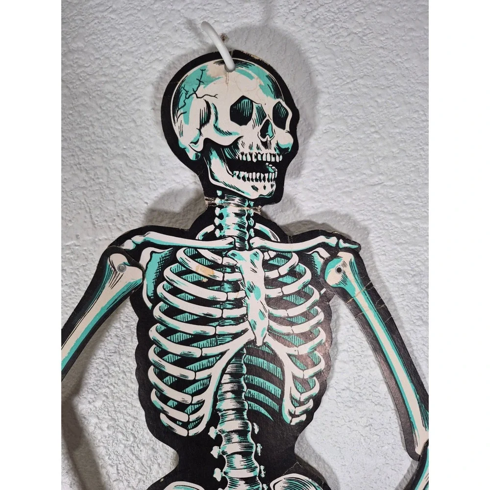 Vtg Beistle Jointed Cardboard Skeleton Halloween Decoration Teal Cream 36 Inch